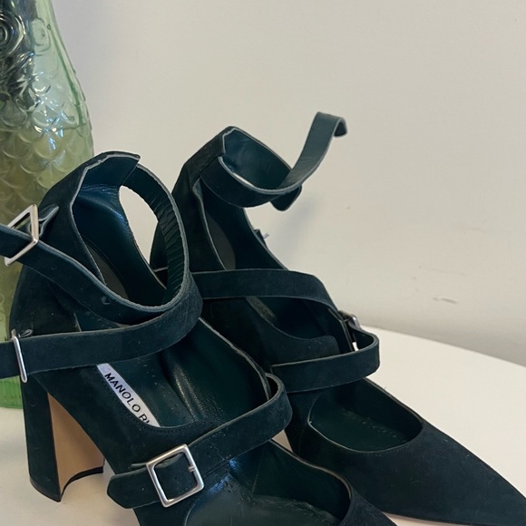 NEW ❗️Manolo Blahnik Mary Jane Three Straps Dark Green Suede - Picture 2 of 7